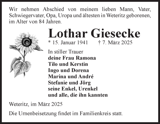Traueranzeige von Lothar Giesecke von Volksstimme Altmark West