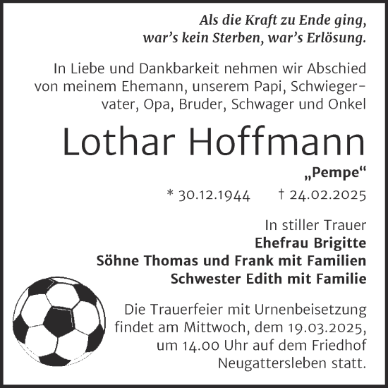 Traueranzeige von Lothar Hoffmann von Trauerkombi Bernburg