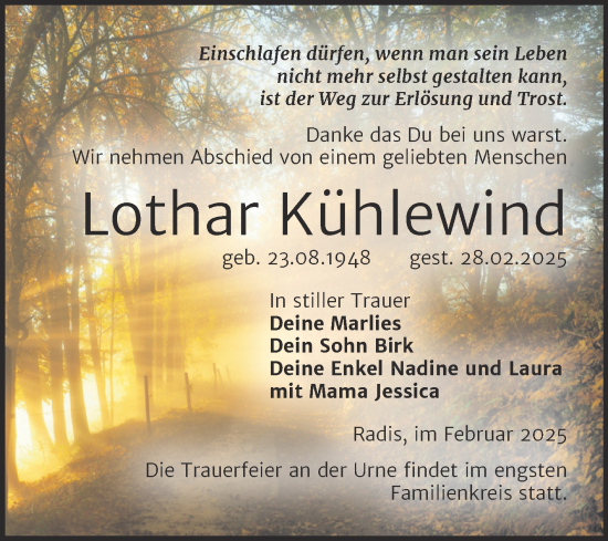 Traueranzeige von Lothar Kühlewind von Trauerkombi Wittenberg