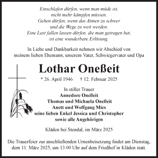 Traueranzeige von Lothar Oneßeit von Volksstimme Altmark Ost