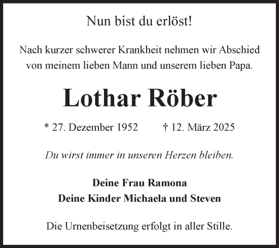 Traueranzeige von Lothar Röber von Volksstimme Oschersleben/Wanzleben