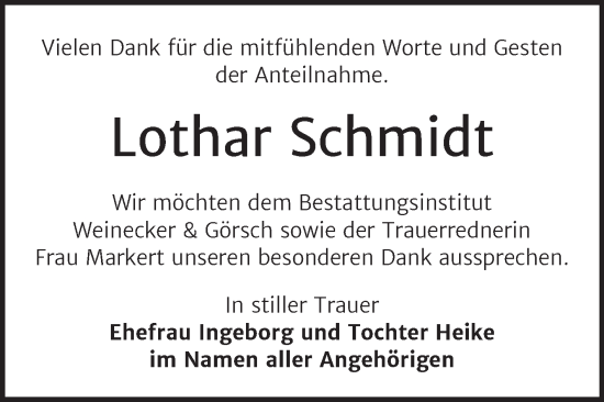 Traueranzeige von Lothar Schmidt von Trauerkombi Bernburg
