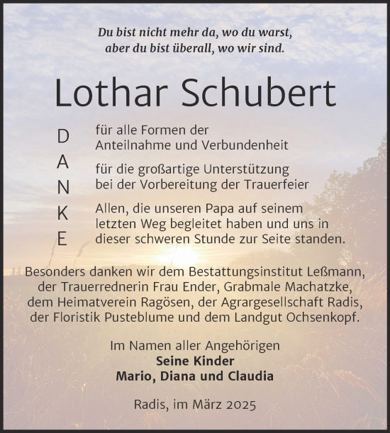 Traueranzeige von Lothar Schubert von Trauerkombi Wittenberg