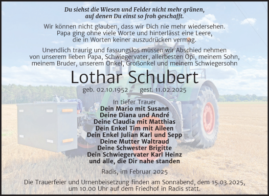 Traueranzeige von Lothar Schubert von Trauerkombi Wittenberg