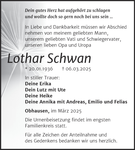 Traueranzeige von Lothar Schwan von Trauerkombi Merseburg