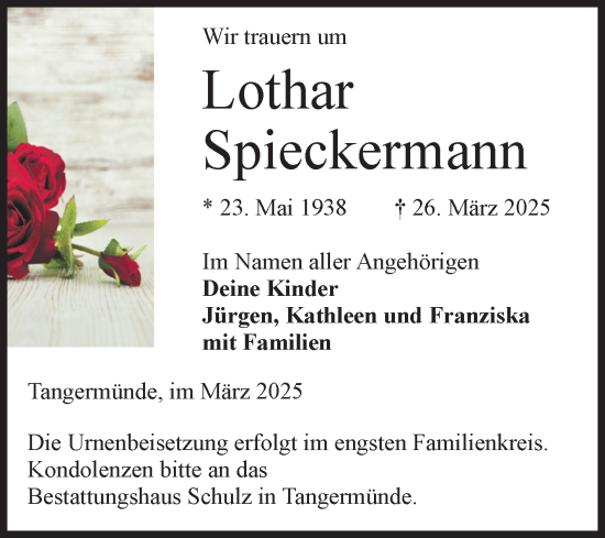 Traueranzeige von Lothar Spieckermann von Volksstimme Altmark Ost
