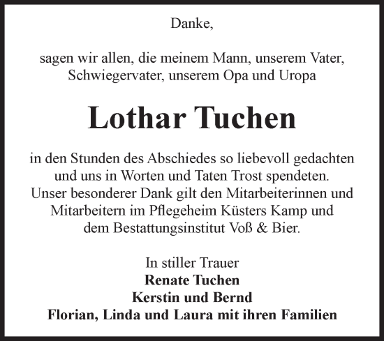 Traueranzeige von Lothar Tuchen von Volksstimme Wernigerode