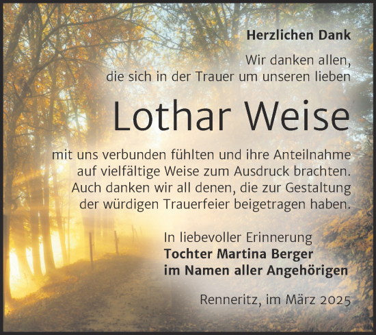 Traueranzeige von Lothar Weise von Trauerkombi Bitterfeld