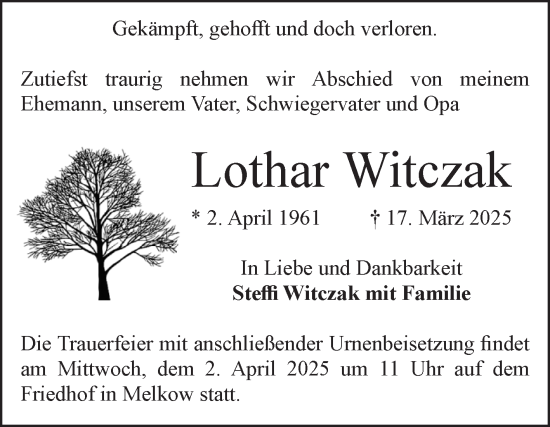 Traueranzeige von Lothar Witczak von Volksstimme Altmark Ost