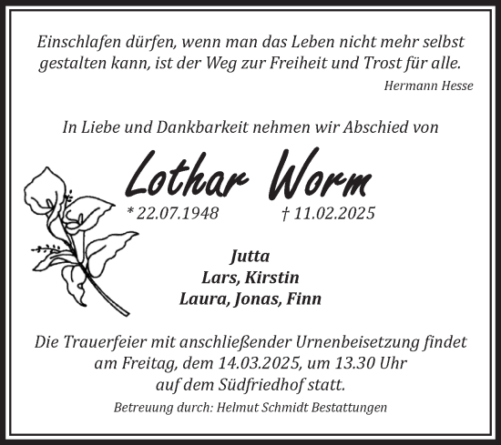 Traueranzeige von Lothar Worm von Volksstimme Magdeburg