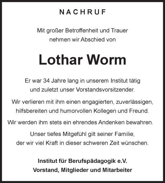 Traueranzeige von Lothar Worm von Volksstimme Magdeburg