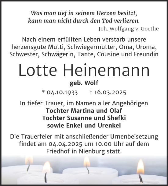 Traueranzeige von Lotte Heinemann von Trauerkombi Bernburg