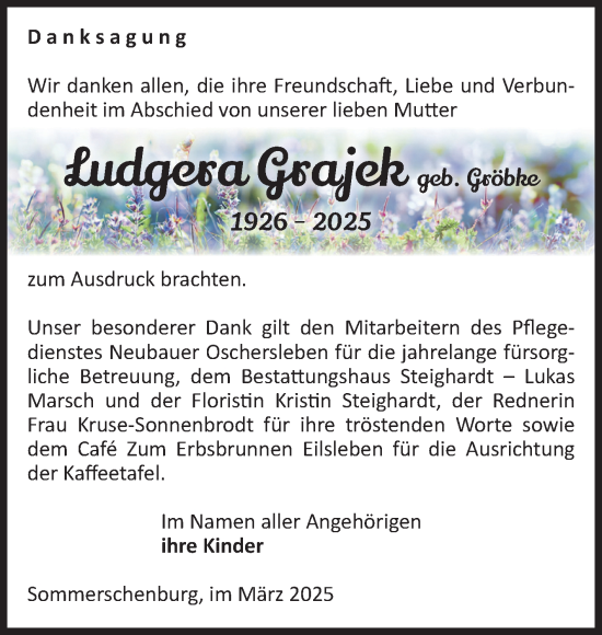 Traueranzeige von Ludgera Grajek von Volksstimme Oschersleben/Wanzleben