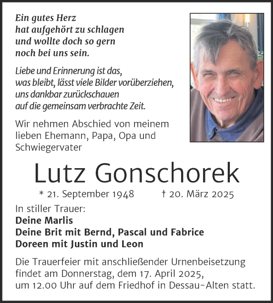 Traueranzeige von Lutz Gonschorek von Trauerkombi Dessau