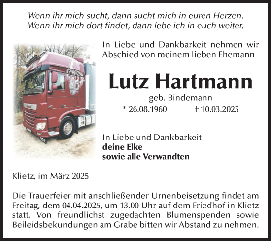 Traueranzeige von Lutz Hartmann von Volksstimme Altmark Ost