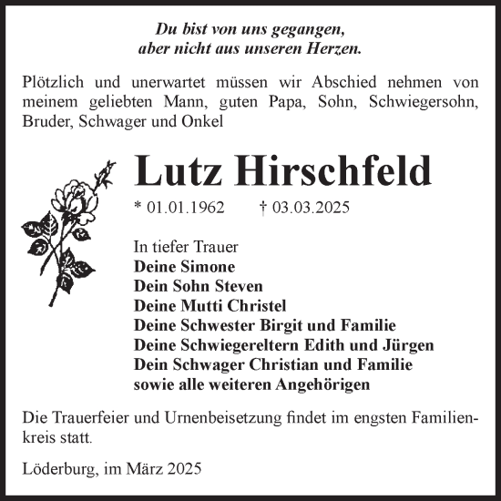 Traueranzeige von Lutz Hirschfeld von Volksstimme Staßfurt