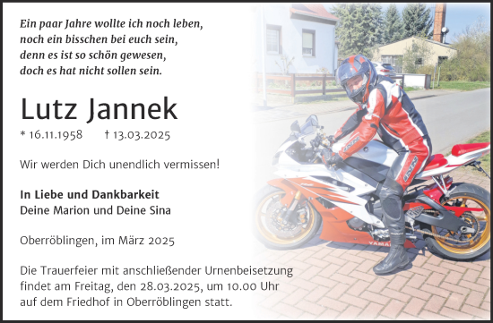 Traueranzeige von Lutz Jannek von Trauerkombi Sangerhausen