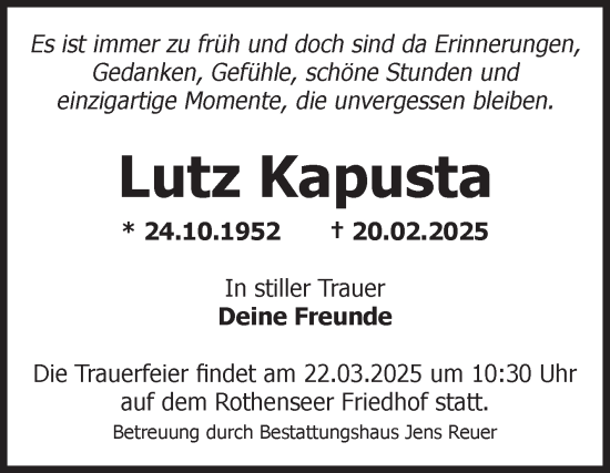 Traueranzeige von Lutz Kapusta von Volksstimme Altmark Ost