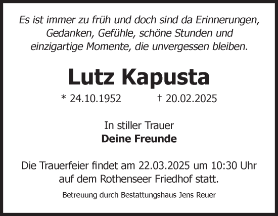 Traueranzeige von Lutz Kapusta von Volksstimme Magdeburg