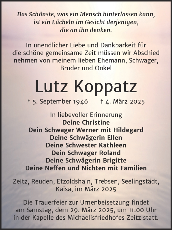 Traueranzeige von Lutz Koppatz von Trauerkombi Zeitz