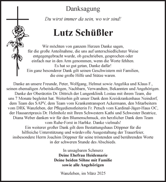 Traueranzeige von Lutz Schüßler von Volksstimme Oschersleben/Wanzleben