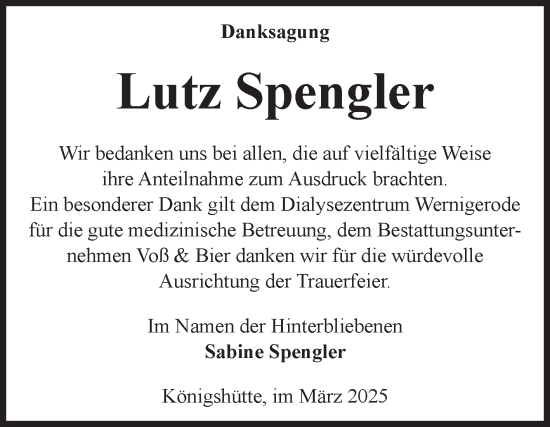 Traueranzeige von Lutz Spengler von Volksstimme Wernigerode