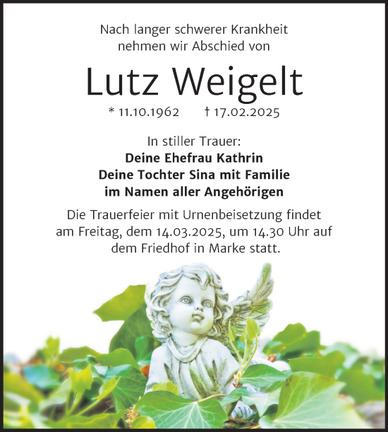 Traueranzeige von Lutz Weigelt von Trauerkombi Bitterfeld