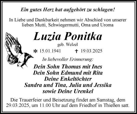 Traueranzeige von Luzia Ponitka von Mitteldeutsche Zeitung Dessau-Roßlau
