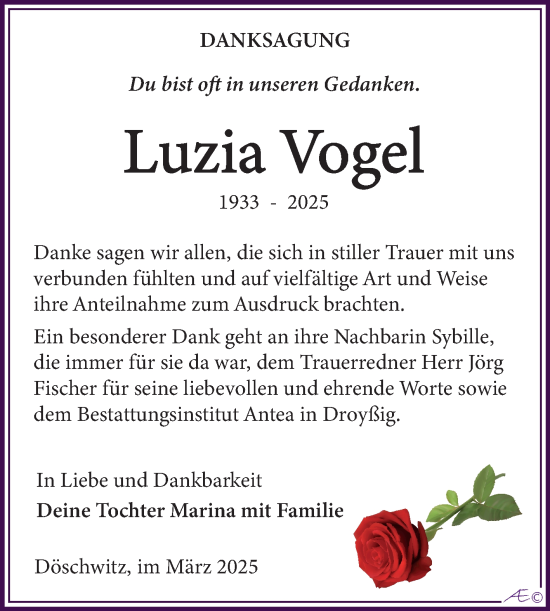 Traueranzeige von Luzia Vogel von Trauerkombi Zeitz