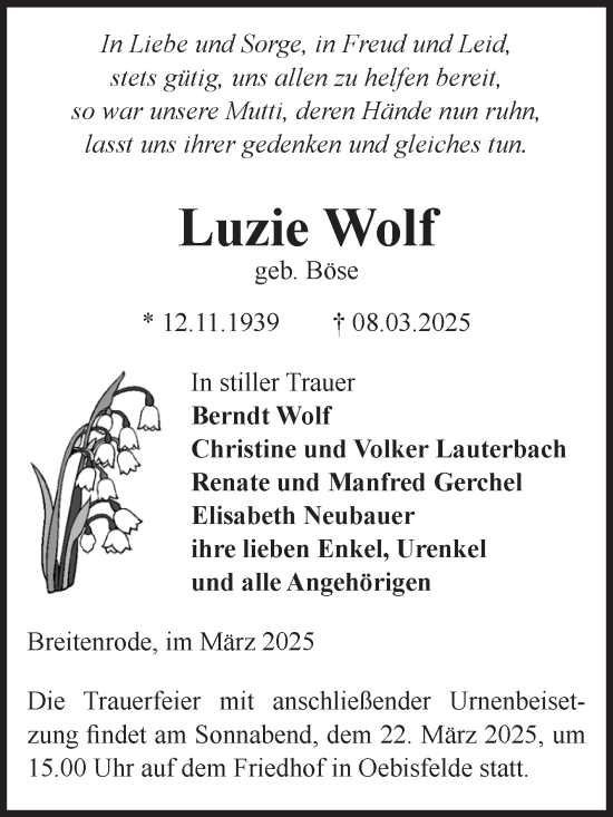 Traueranzeige von Luzie Wolf von Volksstimme Altmark West