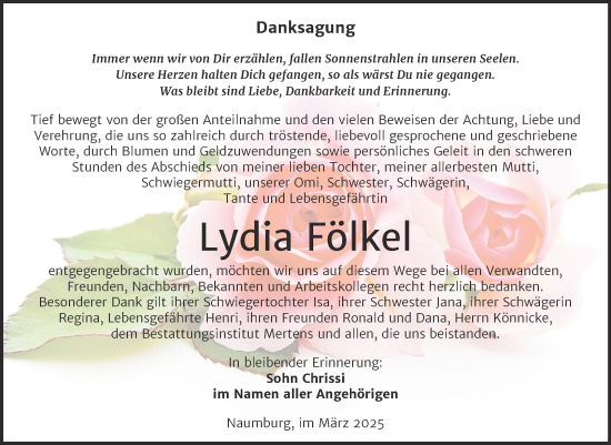 Traueranzeige von Lydia Fölkel von Super Sonntag Naumburg/Nebra