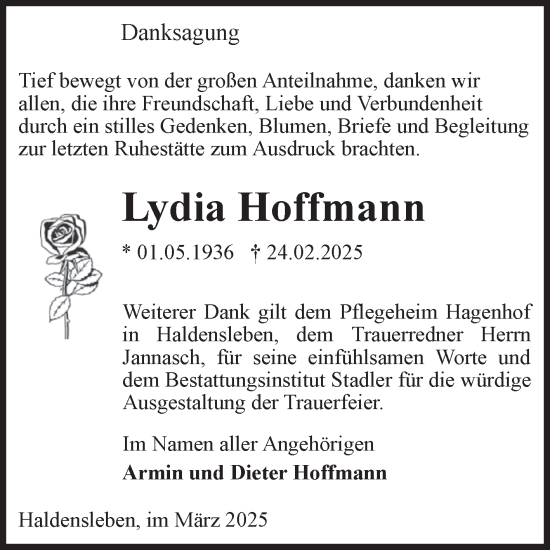 Traueranzeige von Lydia Hoffmann von Volksstimme Haldensleben/Wolmirstedt