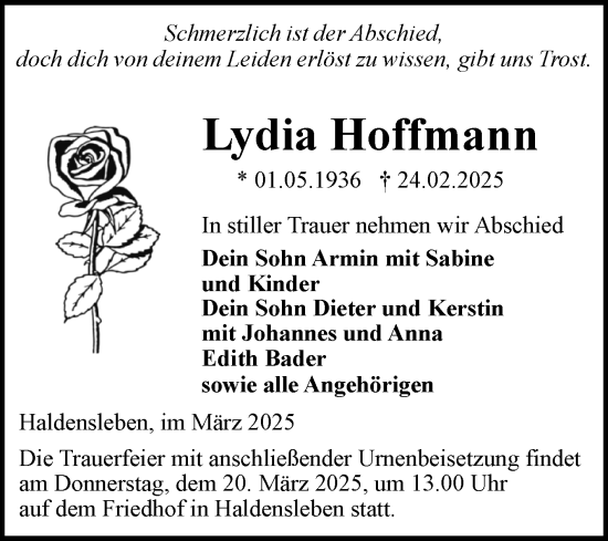 Traueranzeige von Lydia Hoffmann von Volksstimme Haldensleben/Wolmirstedt