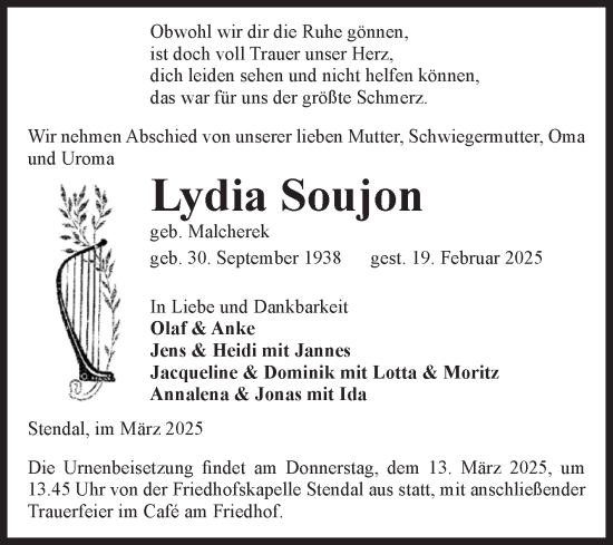 Traueranzeige von Lydia Soujon von Volksstimme Altmark Ost