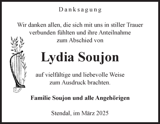 Traueranzeige von Lydia Soujon von Volksstimme Altmark Ost