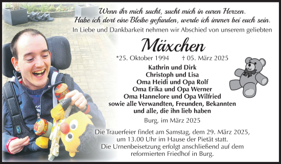 Traueranzeige von Mäxchen  von Volksstimme Burg/Genthin