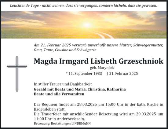 Traueranzeige von Magda Irmgard Lisbeth Grzeschniok von Volksstimme Halberstadt