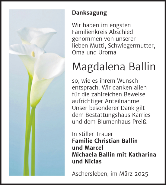 Traueranzeige von Magdalena Ballin von Trauerkombi Aschersleben