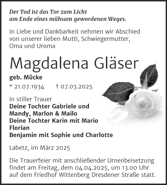 Traueranzeige von Magdalena Gläser von Trauerkombi Wittenberg