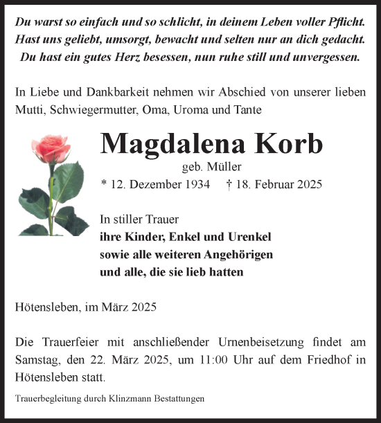 Traueranzeige von Magdalena Korb von Volksstimme Oschersleben/Wanzleben