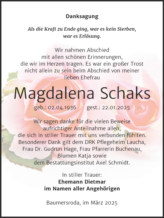 Traueranzeige von Magdalena Schaks von Super Sonntag Naumburg/Nebra
