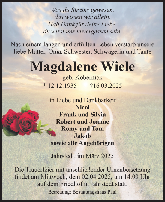 Traueranzeige von Magdalene Wiele von Volksstimme Altmark West