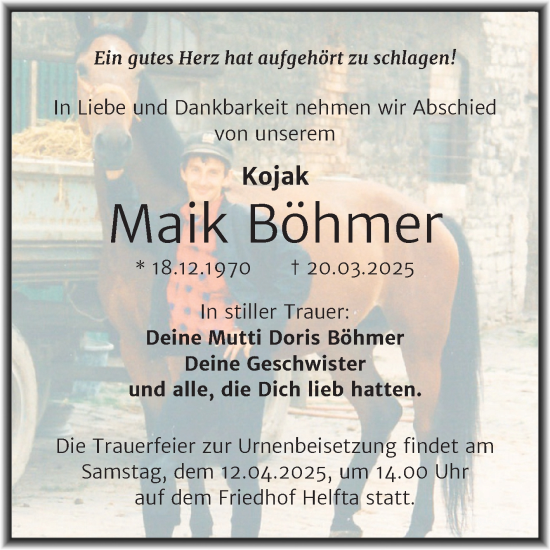 Traueranzeige von Maik Böhmer von Trauerkombi Mansfelder Land