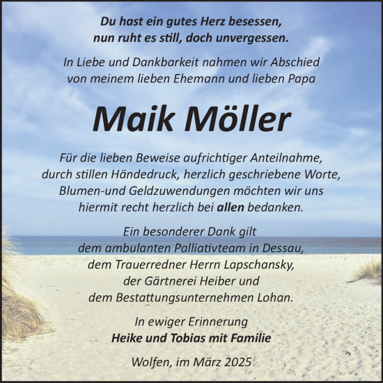 Traueranzeige von Maik Möller von Trauerkombi Bitterfeld