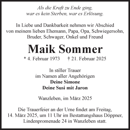 Traueranzeige von Maik Sommer von Volksstimme Oschersleben/Wanzleben