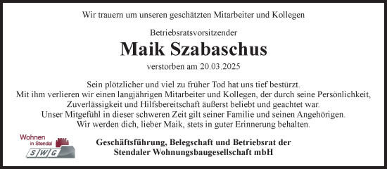 Traueranzeige von Maik Szabaschus von Volksstimme Altmark Ost