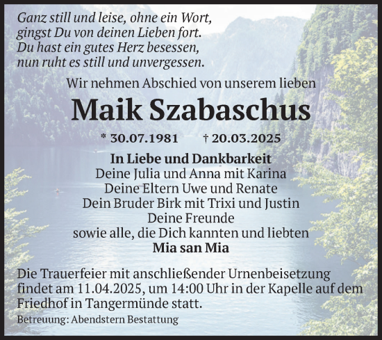 Traueranzeige von Maik Szabaschus von Volksstimme Altmark Ost