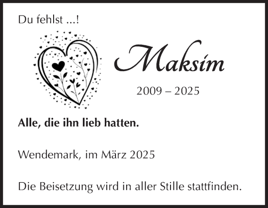 Traueranzeige von Maksim  von Volksstimme Altmark Ost