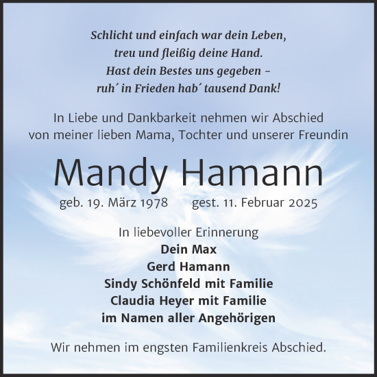 Traueranzeige von Mandy Hamann von Trauerkombi Weißenfels