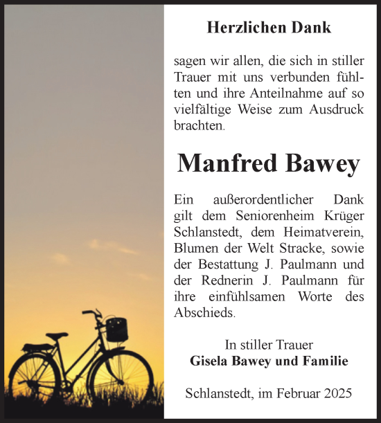Traueranzeige von Manfred Bawey von Volksstimme Halberstadt